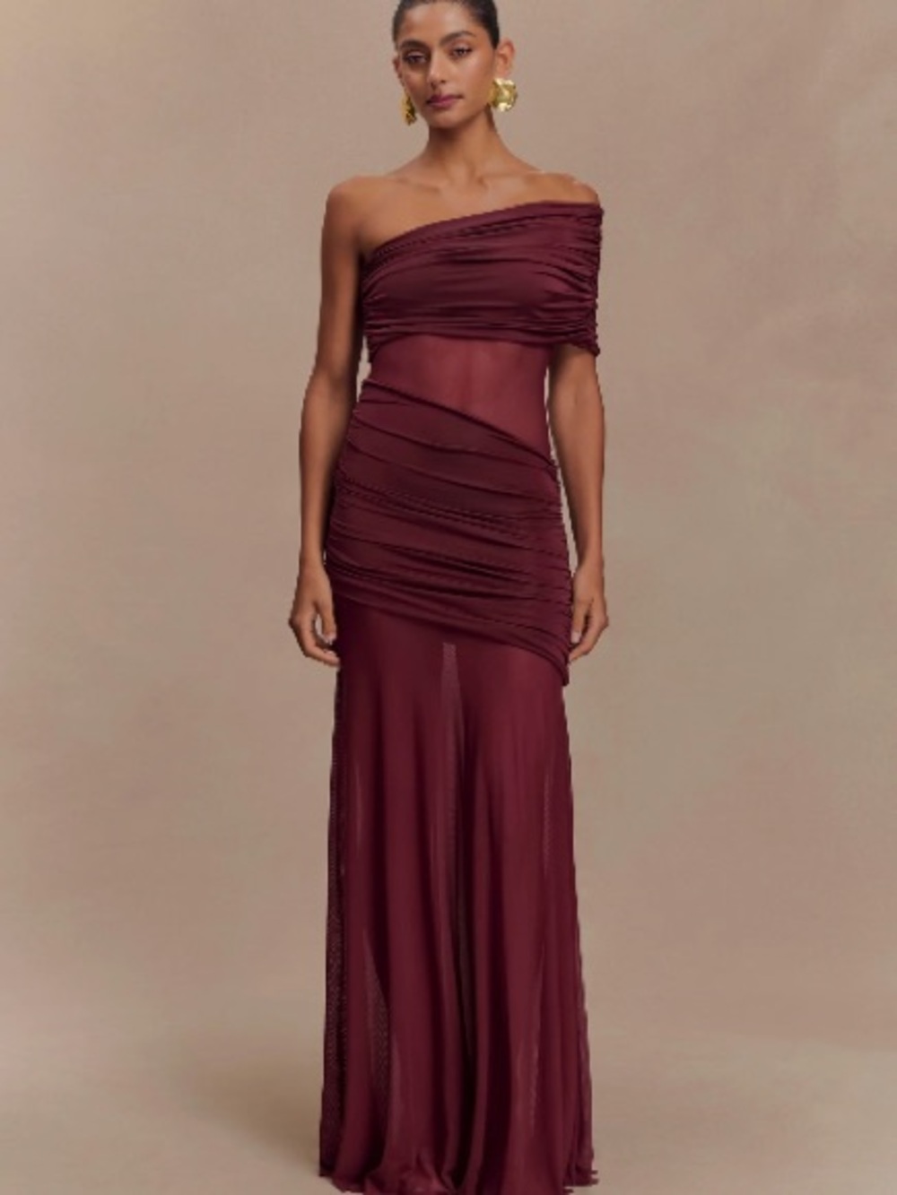 Meshki Dallas One-Shoulder Mesh Maxi Dress Burgundy XL